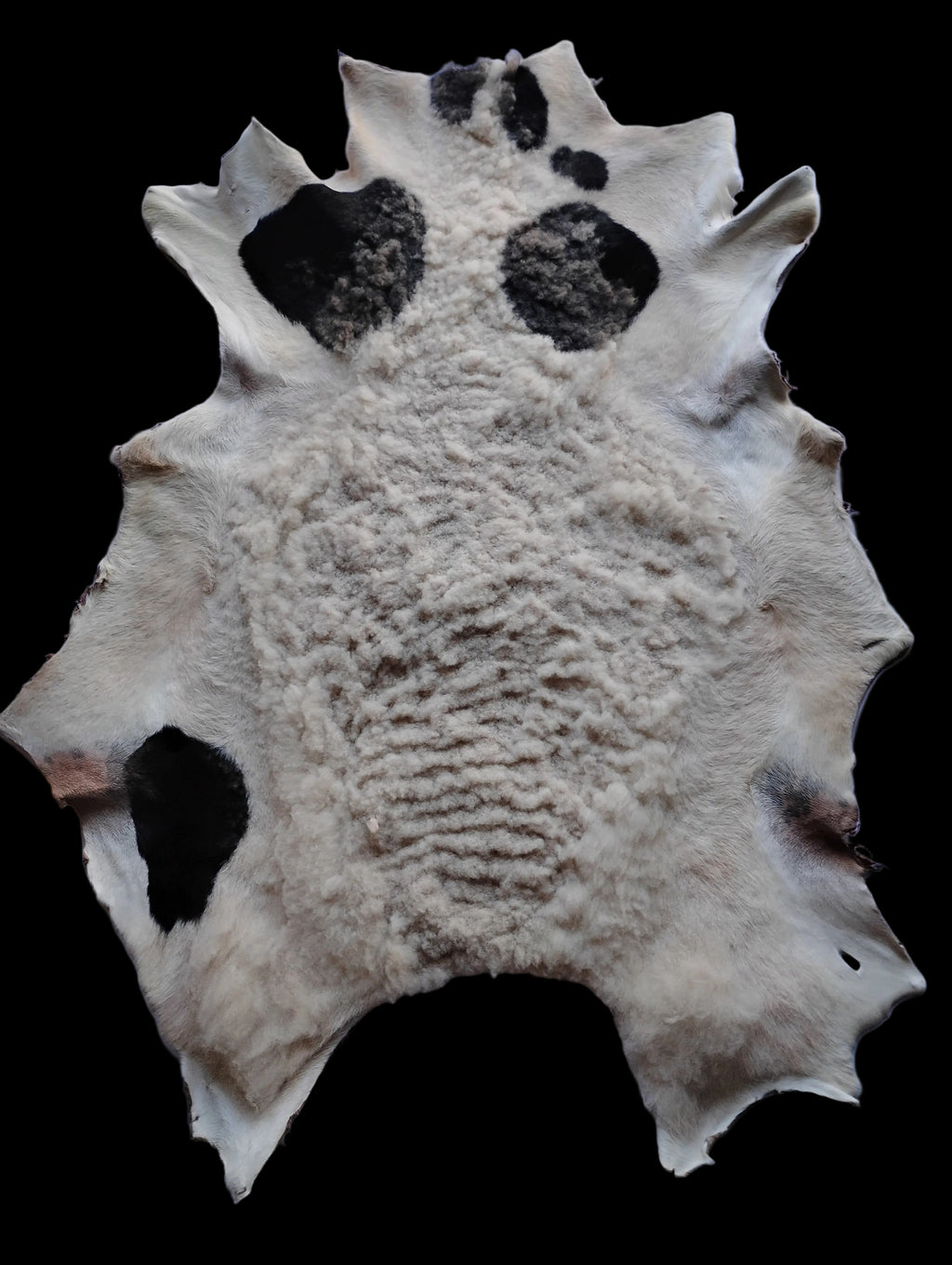 Bark tanned sheepskin 37 x 34 .25 inch wool/hair